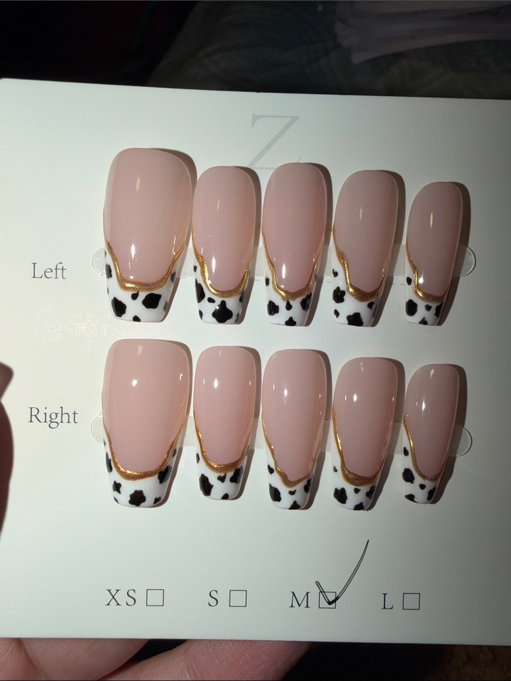 Nude Pink Cow Print French Press-On Nails with Gold Accent